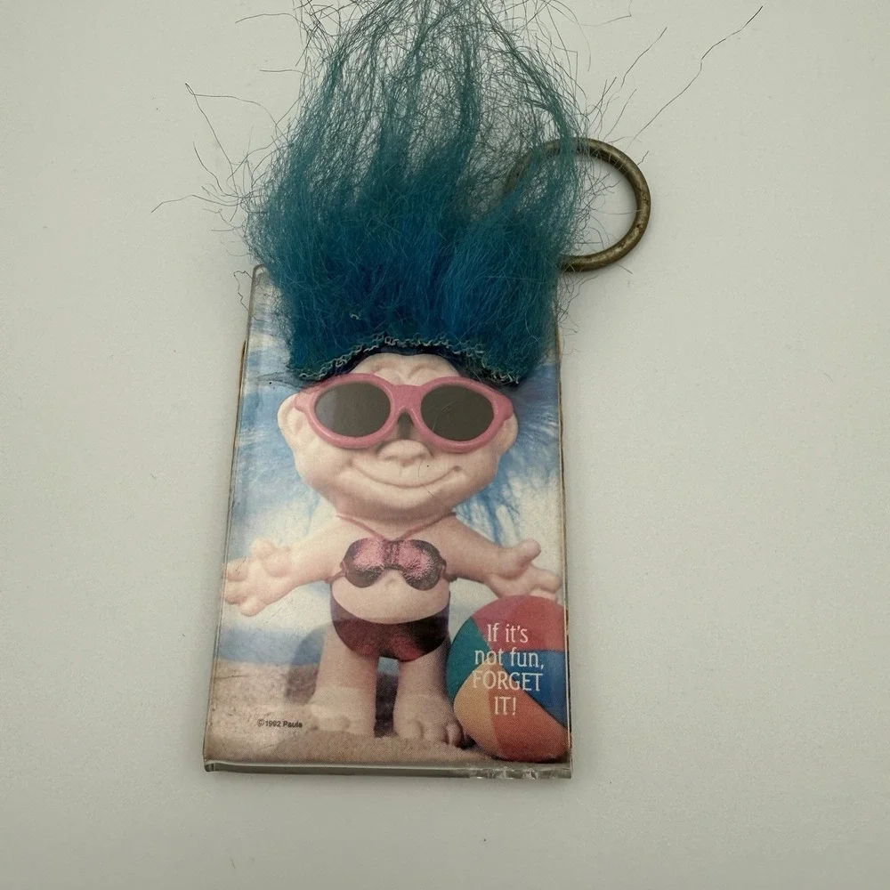 Vintage 1992 Paula's FUN TROLL Keychain‎ Key Ring Chain Fob Hangtag Troll Beach